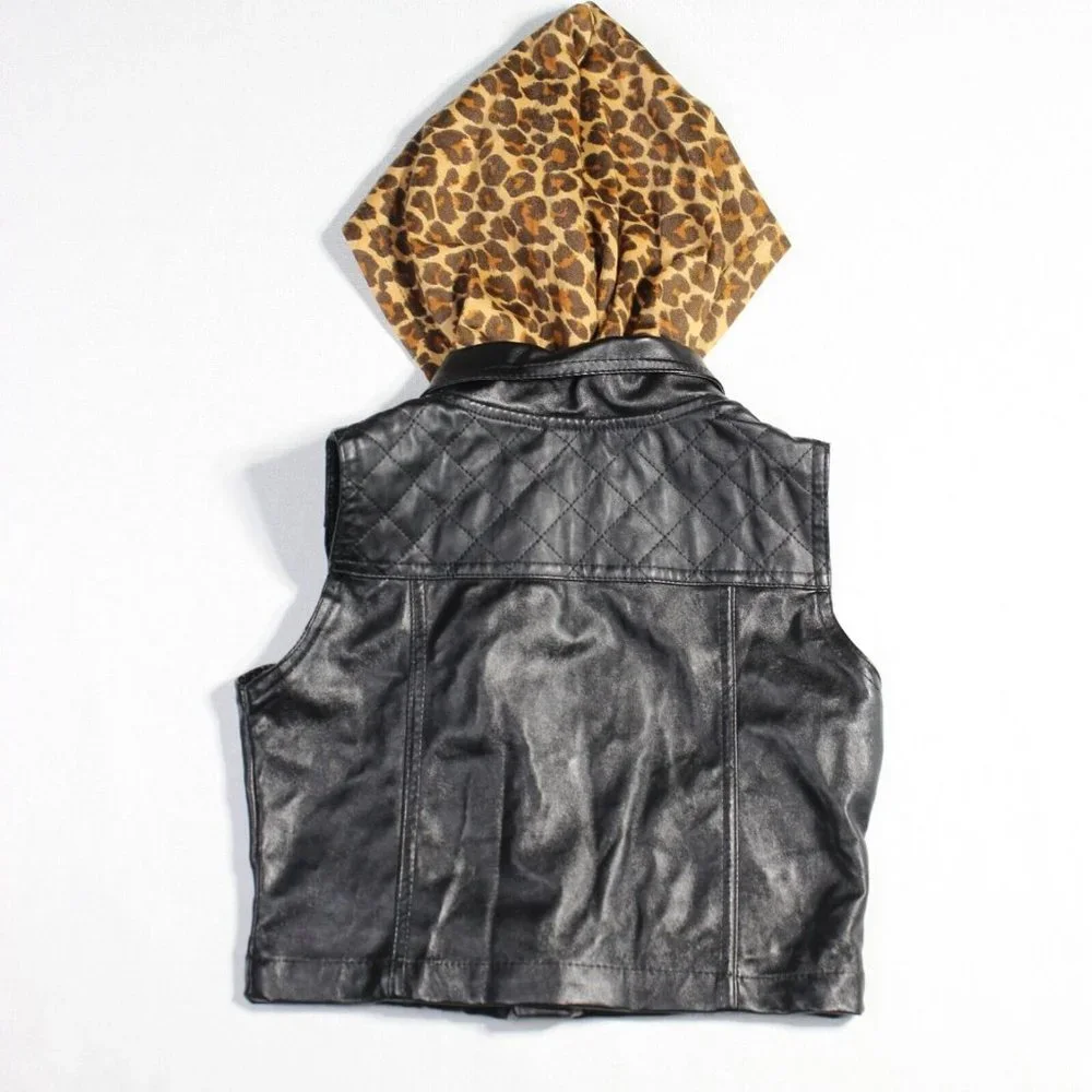 Enyce Black Faux Leather Sleeveless Zipper Pockets Hooded Full Zip Jacket Sz 4‎